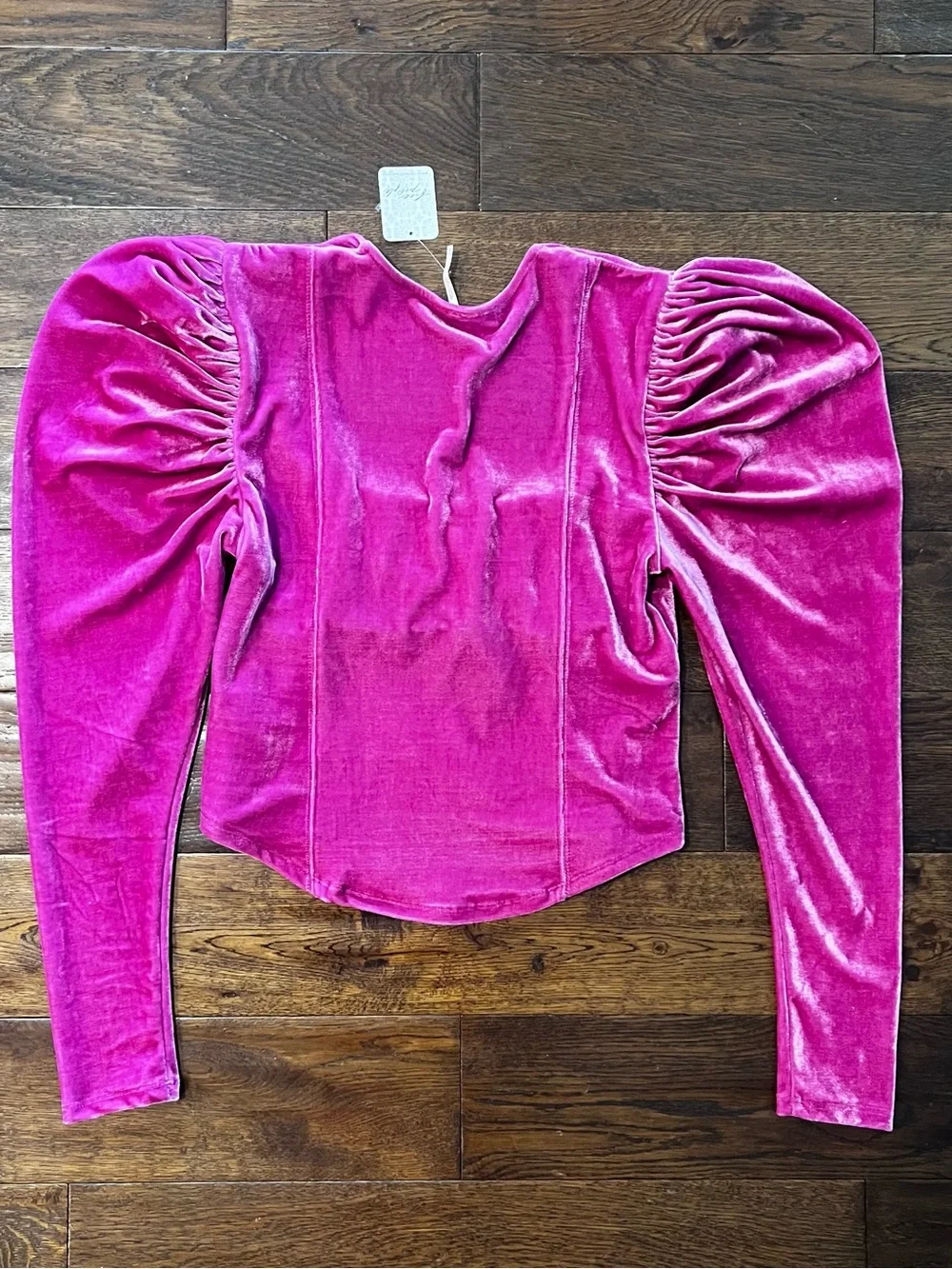 Free People Velvet Puff-Sleeve Scoop Neck Top - Hot Pink Size M